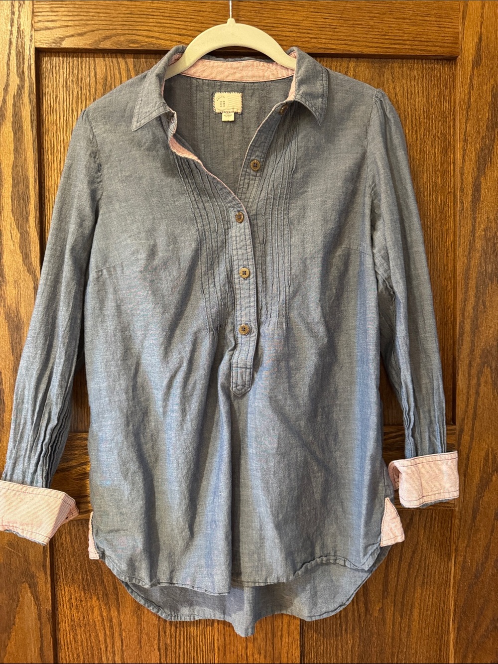 Anthropologie Chambray Shirt with Red & White Stripe Trim
